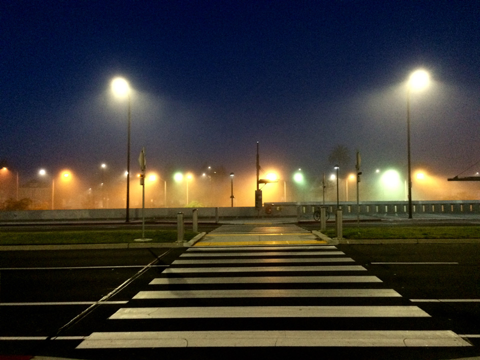 Crosswalk in front of Ed Roberts Campus on foggy morning