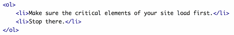 code snippet text reads: "make sure the critical elements of  your site load first" the "stop there"